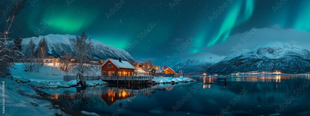 beautiful northern lights (aurora borealis) in a scandinavian nordic country. forest and snow mountains and a lake. small house in a village. 8:3 panorama wide wallpaper background - obrazy, fototapety, plakaty 