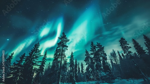 beautiful northern lights (aurora borealis) in a scandinavian nordic country. forest and snow mountains and a lake. 16:9 wallpaper background