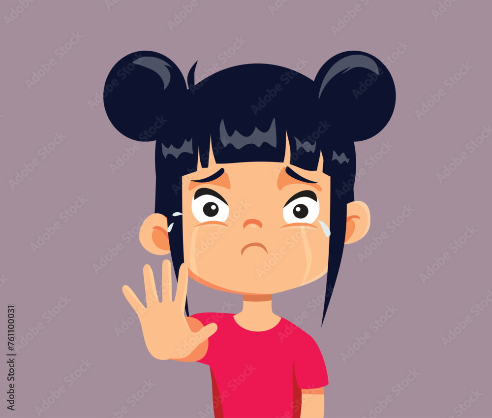 Unhappy Girl Making Halt Stop Gesture with Hand Vector Illustration. Stressed child facing hate and bullying saying no more
Unhappy Girl Making Halt Stop Gesture with Hand Vector Illustration. Stressed child facing hate and bullying saying no more