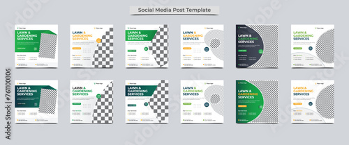 Lawn and Gardening service social media template bundle. Agriculture and farming services social media post banner.Lawn Mower Garden or Landscaping service social media post template design. photo