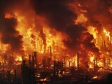 Inferno Unleashed, An apocalyptic vision of a massive industrial complex engulfed in fierce flames and billowing smoke, symbolizing disaster or catastrophe.