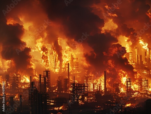 Inferno Unleashed  An apocalyptic vision of a massive industrial complex engulfed in fierce flames and billowing smoke  symbolizing disaster or catastrophe.