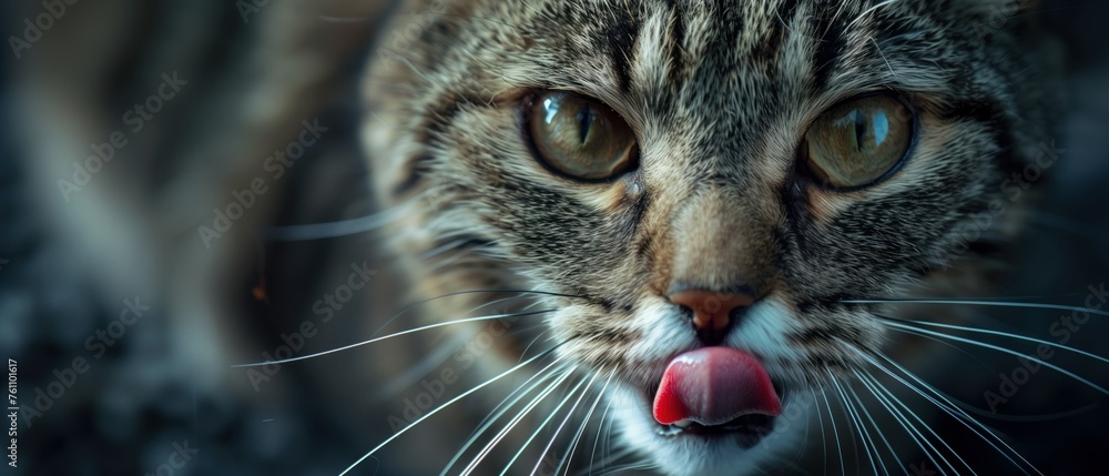 Whisker Whispers, A close-up portrait of a domestic cat, whiskers, and the intensity of its gaze. quiet majesty and contemplative nature of a feline, lost in thought or focusing on a distant point. - obrazy, fototapety, plakaty 