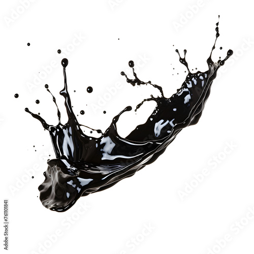 Black oil wave splash, liquid ink flow swirl or petrol and paint with drops splatter, realistic vector. Black oil wave splash or spill pour with ink on white and transparent background