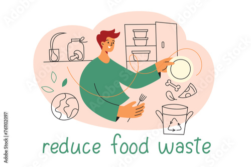 Reduce food waste poster, man throwing leftovers in compost bin, vector illustration of flat character and planet earth, reuse garbage icons, sustainable eating composition, ecology awareness