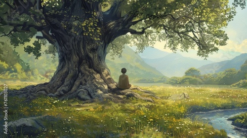 A solitary figure sits at the base of a towering tree their eyes closed and hands resting gently in their lap. A nearby stream provides a soothing soundtrack as the person