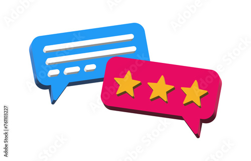 3d chat message speech bubble icon and review rating with stars in 3d speech bubble . customer service feedback concept social media and network online communication background. vector illustration