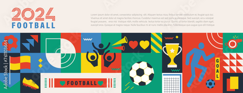 Euro Football 2024 card.Geometric banner for European soccer Championship.Horizontal poster for europe football 2024 in Germany with symbols-ball,triumph cup,field.Vector for social media,card,web