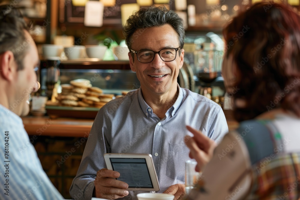Real estate broker, talking to colleagues at a coffee shop as he shows them information on his iPad Real estate broker, talking to colleagues at a coffee shop as he shows them information on his iPad