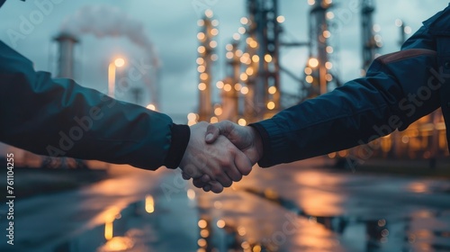 Two people shaking hands with a manufacturing building in the background. photo
