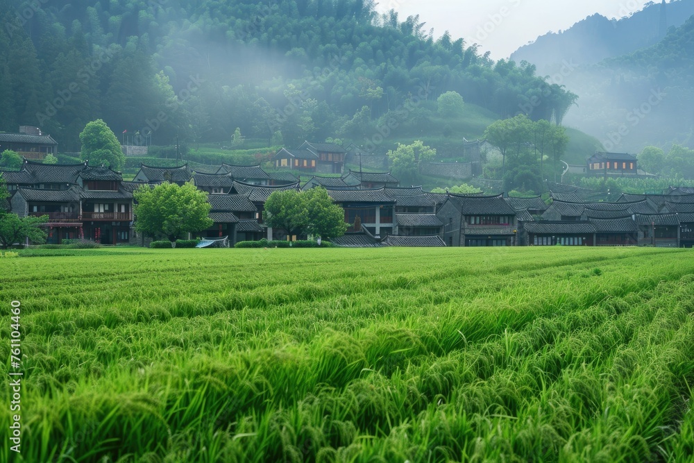 Fototapeta premium Empty green field Chinese village on background.