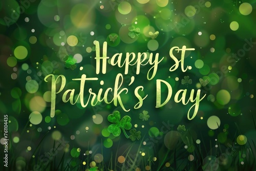 Happy St. Patrick's day text over green nature bokeh background.