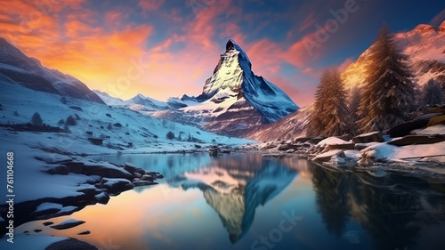 Landscape picture with colorful sunrise mountain sky