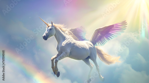 Artistic Style Unicorns with Wings Flying Over A Rainbow Aspect 16:9 Perfect for Print on Demand Artwork Merchandise