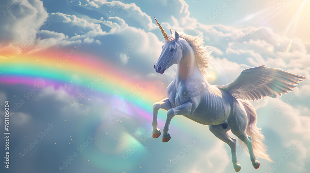 Artistic Style Unicorns with Wings Flying Over A Rainbow Aspect 16:9 Perfect for Print on Demand Artwork Merchandise - obrazy, fototapety, plakaty 