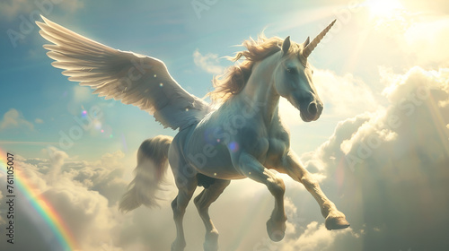 Artistic Style Unicorns with Wings Flying Over A Rainbow Aspect 16:9 Perfect for Print on Demand Artwork Merchandise
