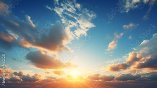 Beautiful blue summer sky with bright sun at sunset