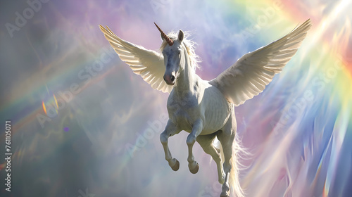 Artistic Style Unicorns with Wings Flying Over A Rainbow Aspect 16 9 Perfect for Print on Demand Artwork Merchandise