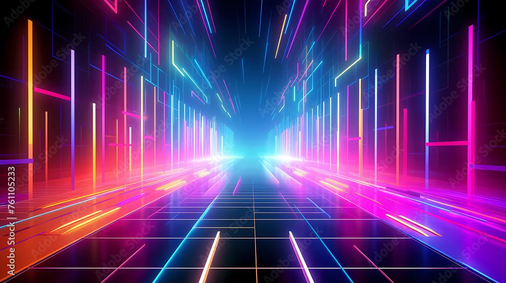Corridor features vibrant neon lights and futuristic design Corridor features vibrant neon lights and futuristic design