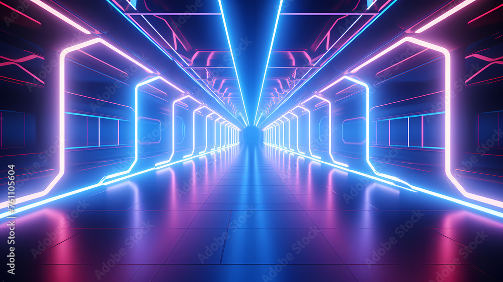 Corridor features vibrant neon lights and futuristic design Corridor features vibrant neon lights and futuristic design