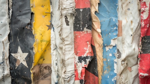A of worn and tattered nautical flags each one representing a different message or warning to other passing ships. The frayed edges and faded colors give a sense of the flags