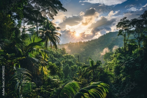 Discover the hidden wonders of a tropical rainforest with a nature background  teeming with vibrant flora and fauna amidst towering trees  Generative AI
