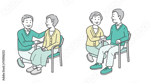 椅子に座る高齢女性と介助をする高齢者のイラストセット