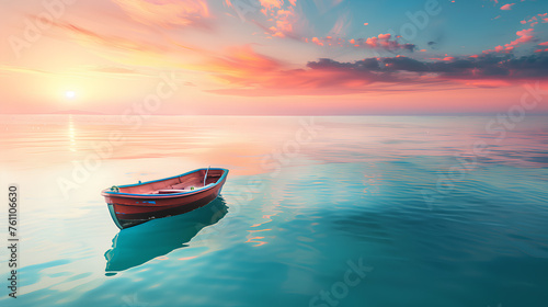 A small boat is floating on the ocean with a beautiful sunset in the background. The scene is peaceful and serene, with the boat being the only object in the water photo
