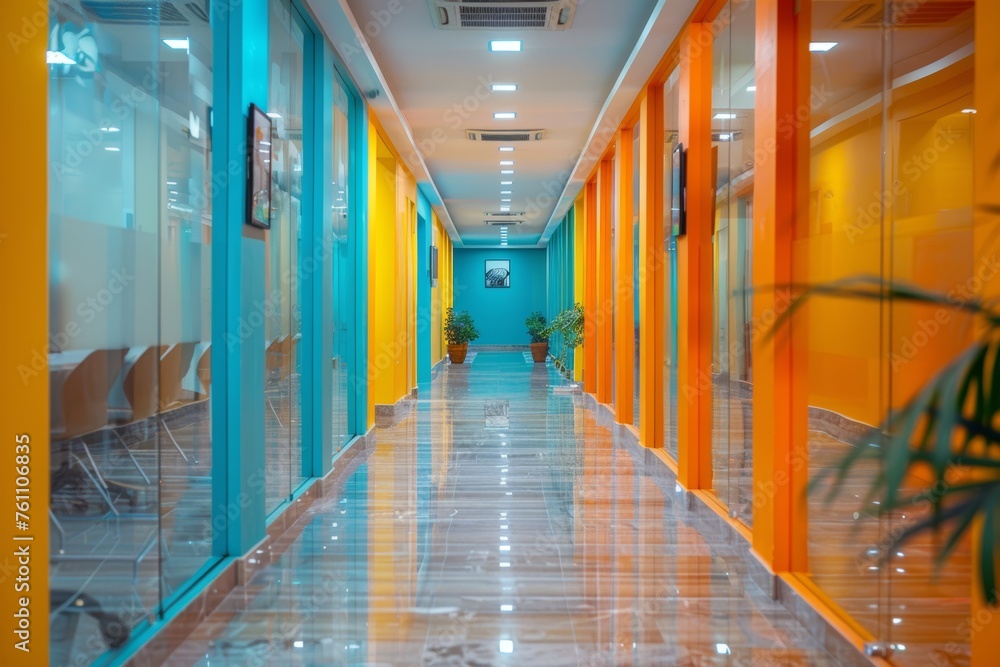 An empty school hallway presents a bold color contrast with shiny floors, reflecting the bright orange and blue decor. An empty school hallway presents a bold color contrast with shiny floors, reflecting the bright orange and blue decor.
