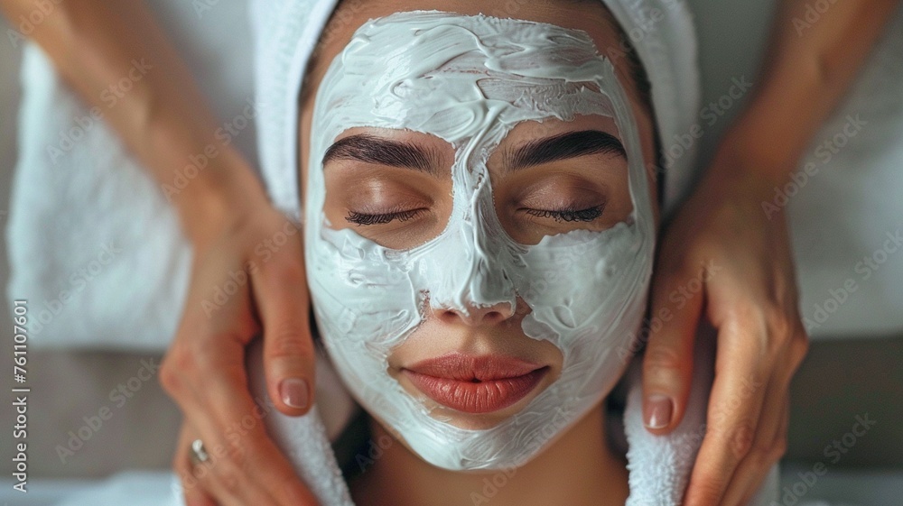 A young woman in a white robe lies on the beauty treatment coach, her eyes closed, while another person applies a cosmetic mask on her face. A young woman in a white robe lies on the beauty treatment coach, her eyes closed, while another person applies a cosmetic mask on her face.