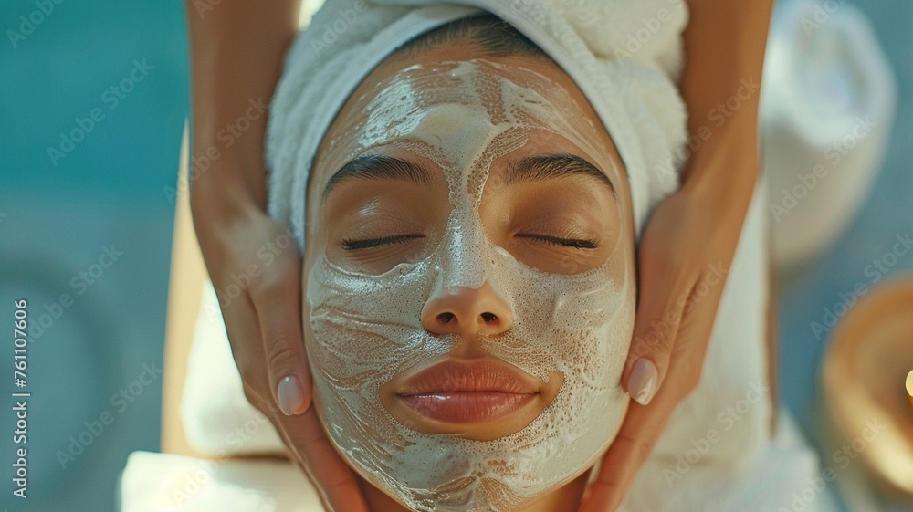 A young woman in a white robe lies on the beauty treatment coach, her eyes closed, while another person applies a cosmetic mask on her face. A young woman in a white robe lies on the beauty treatment coach, her eyes closed, while another person applies a cosmetic mask on her face.
