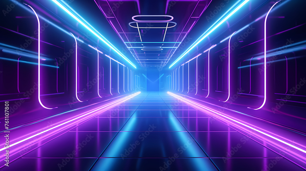 Corridor features vibrant neon lights and futuristic design Corridor features vibrant neon lights and futuristic design