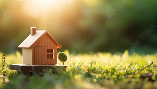 Closeup real estate concept wooden model of house on green grass