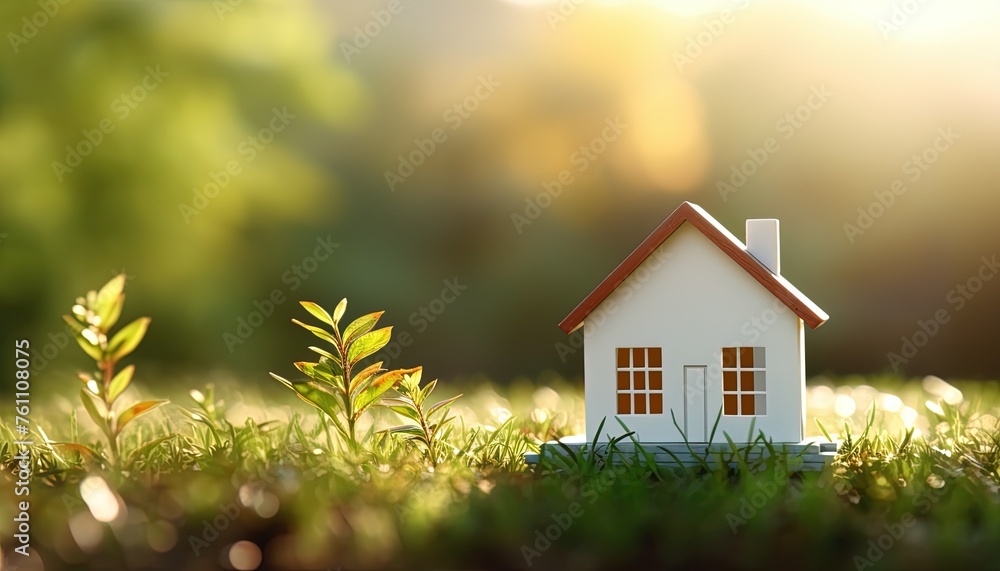 Closeup real estate concept wooden model of house on green grass Closeup real estate concept wooden model of house on green grass