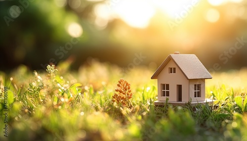 Closeup real estate concept wooden model of house on green grass