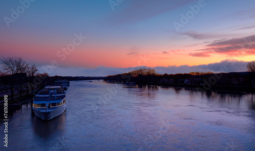 Canvas Print Boats on Rhone River at sunset - Avignon,  France