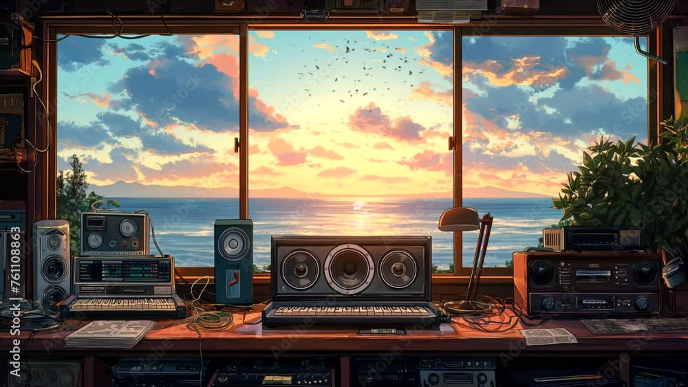 Radio studio with ocean view at sunset from the window, for Lofi music background. seamless looping 4k time-lapse animation video background