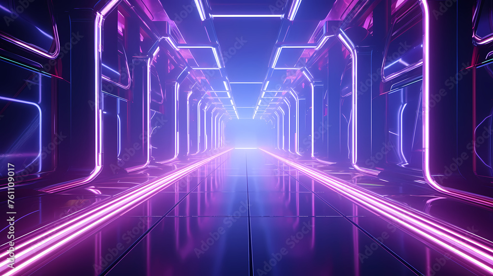 Corridor features vibrant neon lights and futuristic design Corridor features vibrant neon lights and futuristic design