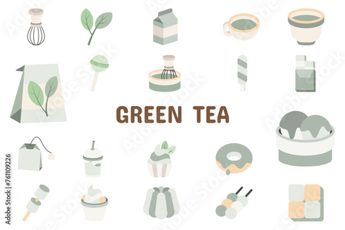 Green Tea Flat Vector Illustration Icon Sticker Set Design Materials