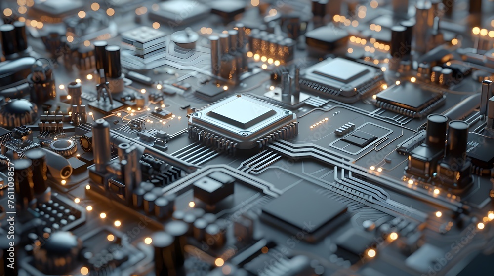 Detailed Insight into Complex System Engineering: A 3D Rendering of an Intricate Circuit Board with Advanced Microchips Detailed Insight into Complex System Engineering: A 3D Rendering of an Intricate Circuit Board with Advanced Microchips