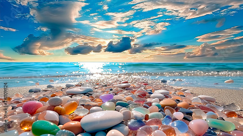 A dreamlike glass beach scene featuring vibrant, colorful stones, meticulously rendered in photo-realistic techniques. The richly colored skies, blending sky-blue and white, create a mesmerizing natur
