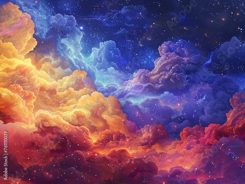 Star-studded fantasy sky, clouds of vibrant hues, dreamy space, close-up, starlight