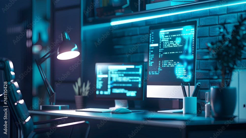 Modern Home Office Scene Illuminated by Digital Code on Screen: A Glimpse into the Late-Night Workings of a Tech Professional Modern Home Office Scene Illuminated by Digital Code on Screen: A Glimpse into the Late-Night Workings of a Tech Professional