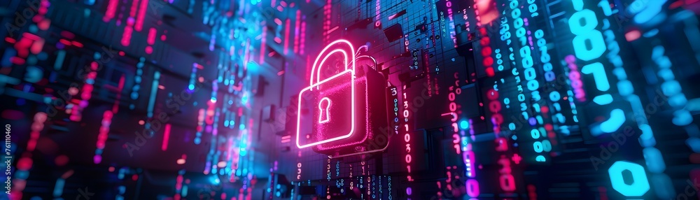 Neon Pink Padlock Icon Signifying Cyber Security in Abstract Data Streams Neon Pink Padlock Icon Signifying Cyber Security in Abstract Data Streams