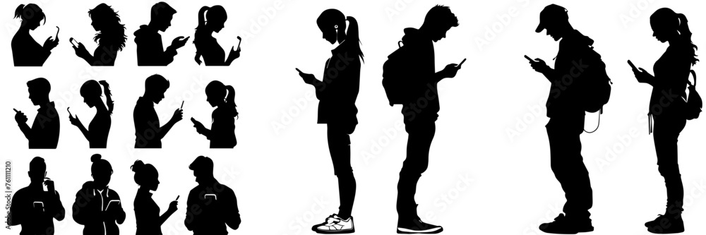 People holding using mobile phones set Characters with smartphones in hands Men women use cellphones surfing internet chatting Flat graphic vector illustrations black and white