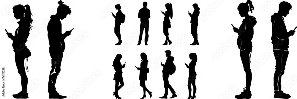 People holding using mobile phones set Characters with smartphones in hands Men women use cellphones surfing internet chatting Flat graphic vector illustrations black and white - obrazy, fototapety, plakaty 