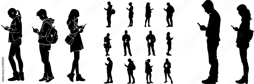 People holding using mobile phones set Characters with smartphones in hands Men women use cellphones surfing internet chatting Flat graphic vector illustrations black and white - obrazy, fototapety, plakaty 