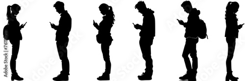 People holding using mobile phones set Characters with smartphones in hands Men women use cellphones surfing internet chatting Flat graphic vector illustrations black and white