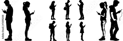 People holding using mobile phones set Characters with smartphones in hands Men women use cellphones surfing internet chatting Flat graphic vector illustrations black and white