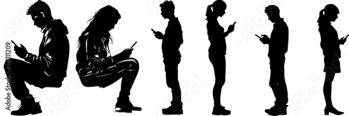 People holding using mobile phones set Characters with smartphones in hands Men women use cellphones surfing internet chatting Flat graphic vector illustrations black and white